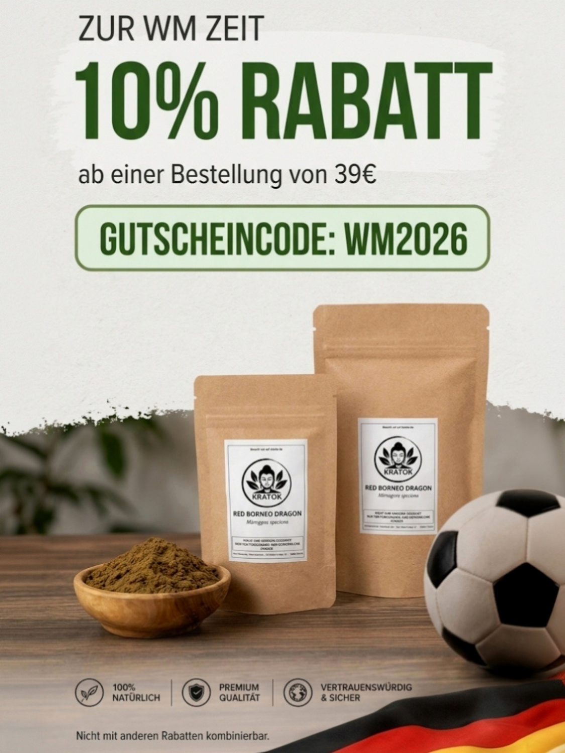 Produkte auf einem Bild neben einem Fußball und der Deutschlandfahne. Dazu Gutscheincode WM2026